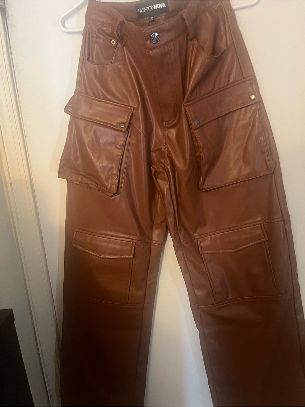 Fashion Nova Cognac Faux Leather Cargo Pants